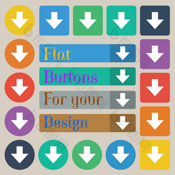 下载标志下载平图标负载标签集二十彩色的平轮广场矩形按钮