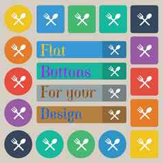 叉勺子横向餐具吃图标标志集二十彩色的平轮广场矩形按钮