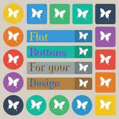 蝴蝶图标标志集二十彩色的平轮广场矩形按钮