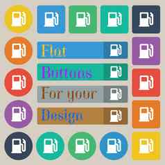 汽油气体站车燃料图标标志集二十彩色的平轮广场矩形按钮