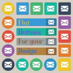 邮件信封消息图标标志集二十彩色的平轮广场矩形按钮