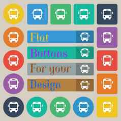 公共汽车图标标志集二十彩色的平轮广场矩形按钮