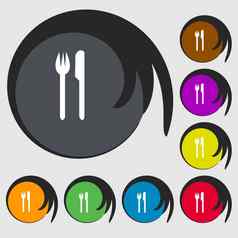 吃标志图标餐具象征叉刀符号彩色的按钮