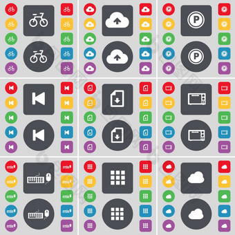 自行车云停车媒体跳过下载文件麦克风键盘应用程序云图标象征大集平彩色的按钮设计