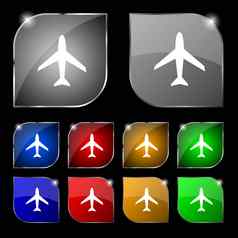 飞机标志飞机象征旅行图标飞行平标签集色彩鲜艳的按钮