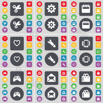 剪刀齿轮日历心火箭智能手机手柄消息购物袋图标象征大集平彩色的按钮设计