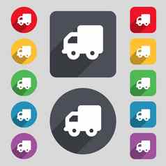 交付卡车图标标志集彩色的按钮长影子平设计