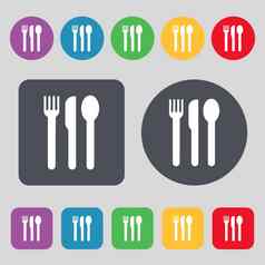 叉刀勺子图标标志集彩色的按钮平设计