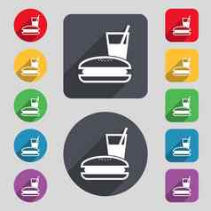 午餐盒子图标标志集彩色的按钮长影子平设计