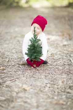 女孩红色的连指手套帽小圣诞节树