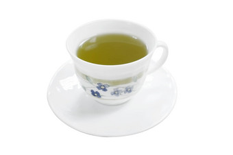白色陶瓷杯绿色茶孤立的白色背景