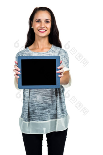 微笑女人显示<strong>平板</strong>电脑屏幕相机