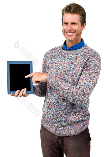 肖像快乐男人。持有数字平板电脑