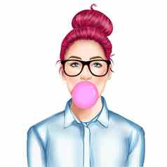 手画光栅插图时尚插图美丽的年轻的漂亮的女孩眼镜咀嚼泡沫口香糖