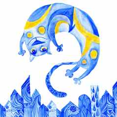 水彩蓝色的猫插图
