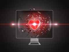 红色的心摧毁电脑屏幕