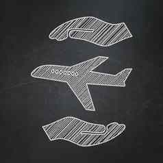 保险概念飞机棕榈黑板背景