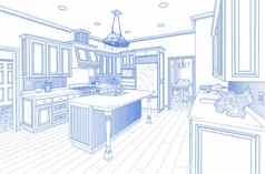 蓝色的自定义厨房设计画白色