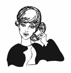 复古的可爱的女孩女人电话艺术古董插图