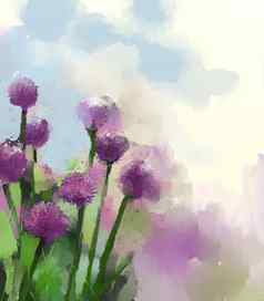石油绘画紫色的洋葱花场