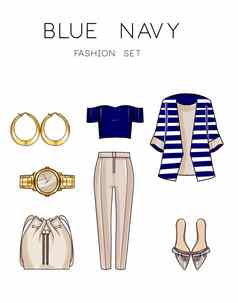 时尚集女人的衣服配件蓝色的海军装Jewelery
