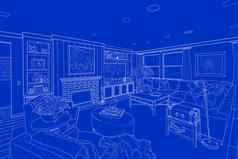 白色行画蓝色的自定义生活房间