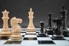 黑色的白色王骑士国际象棋设置棋盘