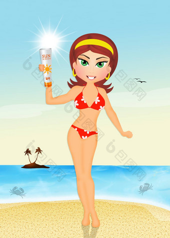 女孩太阳能乳液海滩