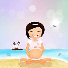 怀孕了女人瑜伽海滩