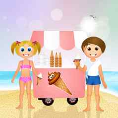 孩子们吃冰奶油海滩