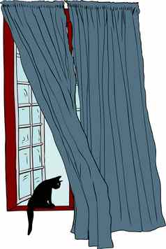 开放窗口黑色的猫窗台