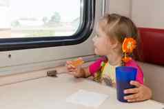 女孩喝茶三明治火车表格外置二等马车热情地窗口