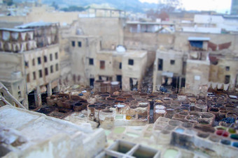 传统的制革厂区做了什么摩洛哥Tilt-shift效果