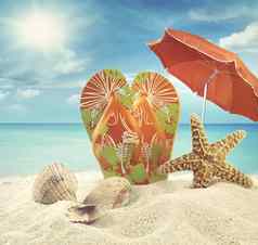 凉鞋海星海滩伞海洋