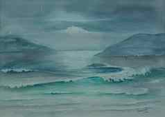 风景海画水彩峡湾景观西方挪威波开放海