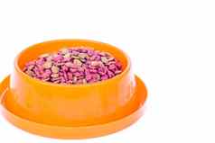 干猫食物橙色碗孤立的白色背景
