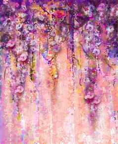 水彩绘画手油漆花紫藤树开花散景
