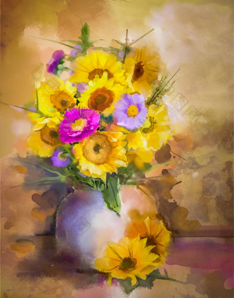 水彩绘画花花束生活黄色的向日葵紫罗兰色的Aster花花瓶
