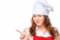 年轻的女孩烹饪显示一边白色背景