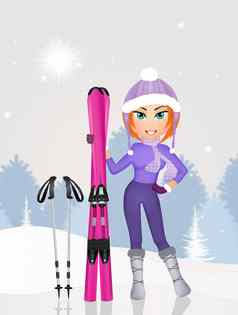 女孩滑雪冬天