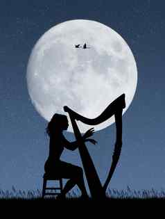 女人玩竖琴月光
