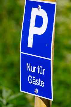 蓝色的停车标志大绿色背景客人德国