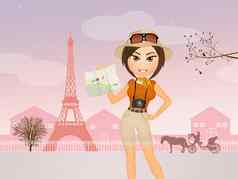 旅游女孩参观之旅埃菲尔铁塔巴黎