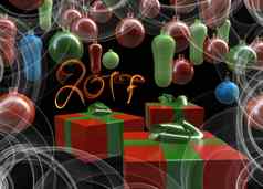 圣诞节一年色彩斑斓的红色的绿色礼物盒子弓丝带背景色彩斑斓的球装饰问候卡假期俗丽的插图