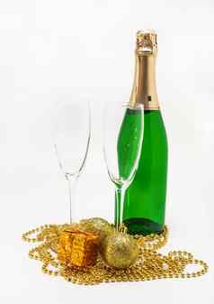 瓶香槟眼镜圣诞节黄金装饰异醇