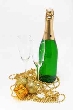 瓶香槟眼镜圣诞节黄金装饰异醇