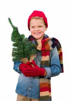 男孩穿连指手套围巾持有圣诞节树白色