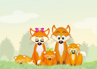 家庭红色的狐狸森林