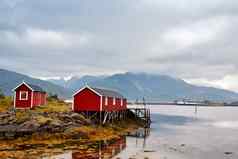 挪威小屋rorbu湾海岸北欧多云的夏天一天