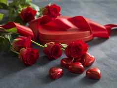 情人节一天红色的玫瑰盒子红色的心